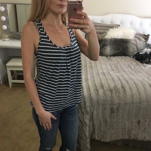 Navy striped tank with crochet back accent